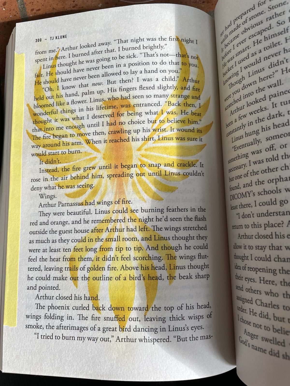 Soft ink-blended stencil of a yellow/gold/orangey phoenix during a relevant passage of the book