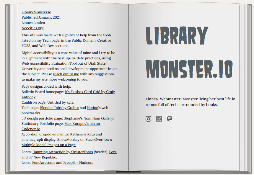 A thumbnail of the webpage design, which is text on the inside left cover of a book, and LibraryMonster.io on the title page.