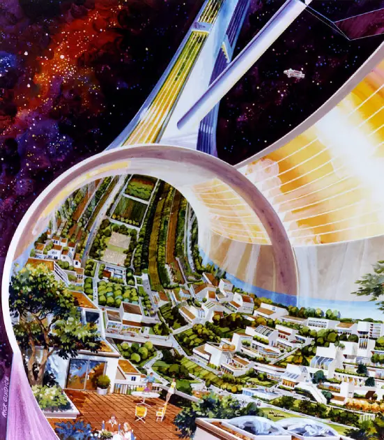 Illustration of a ringed space station that you can see inside with various agricultural and suburban-sprawl type of landscapes.