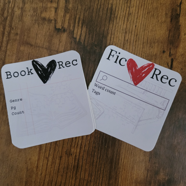 two small square stickers with rounded corners, one with the title 'Book Rec' and the other 'Fic Rec' with accompanying detail fields.